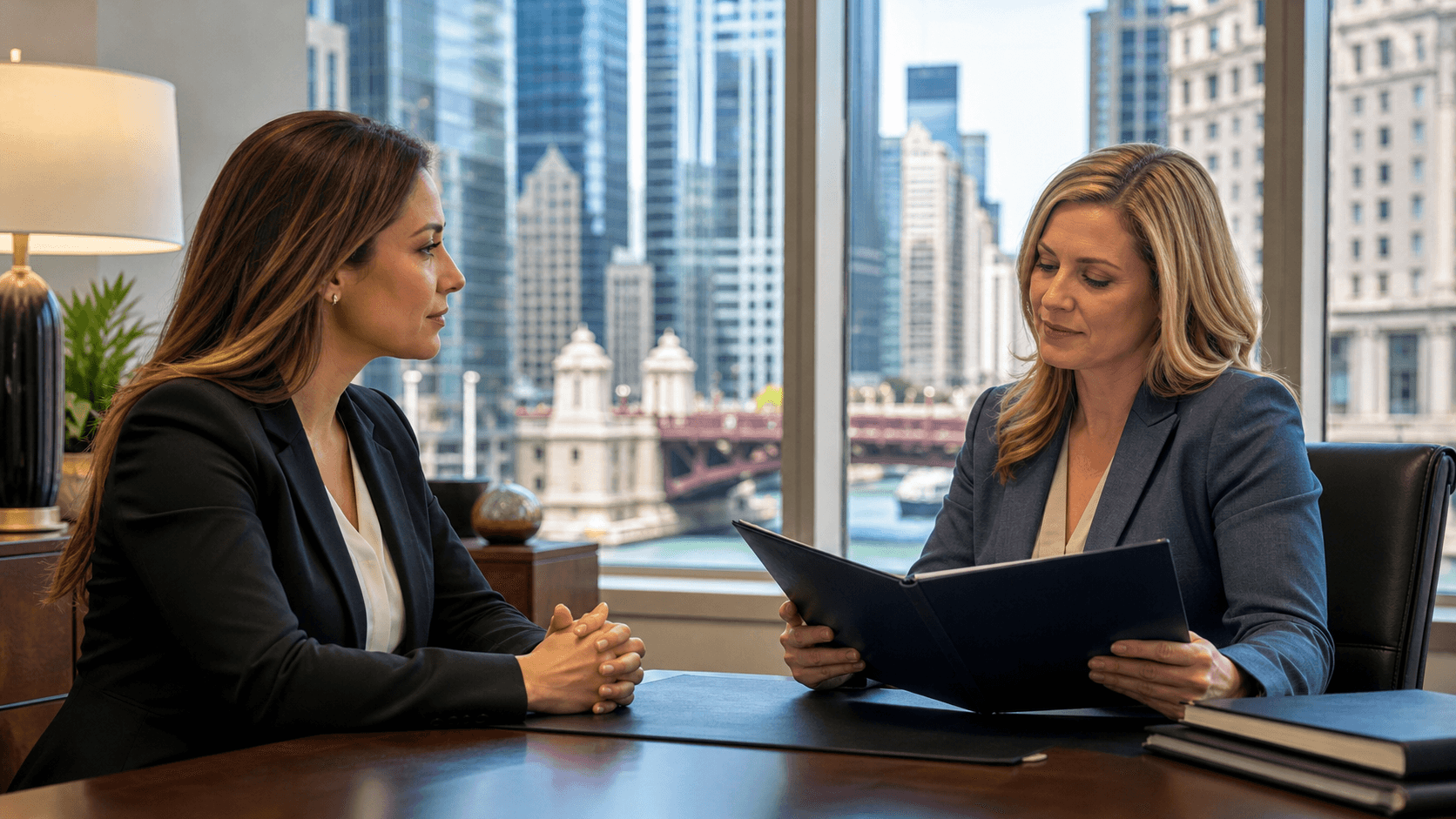 Chicago skyline behind a desk with legal documents, a wedding ring, and a judge’s gavel in warm evening light