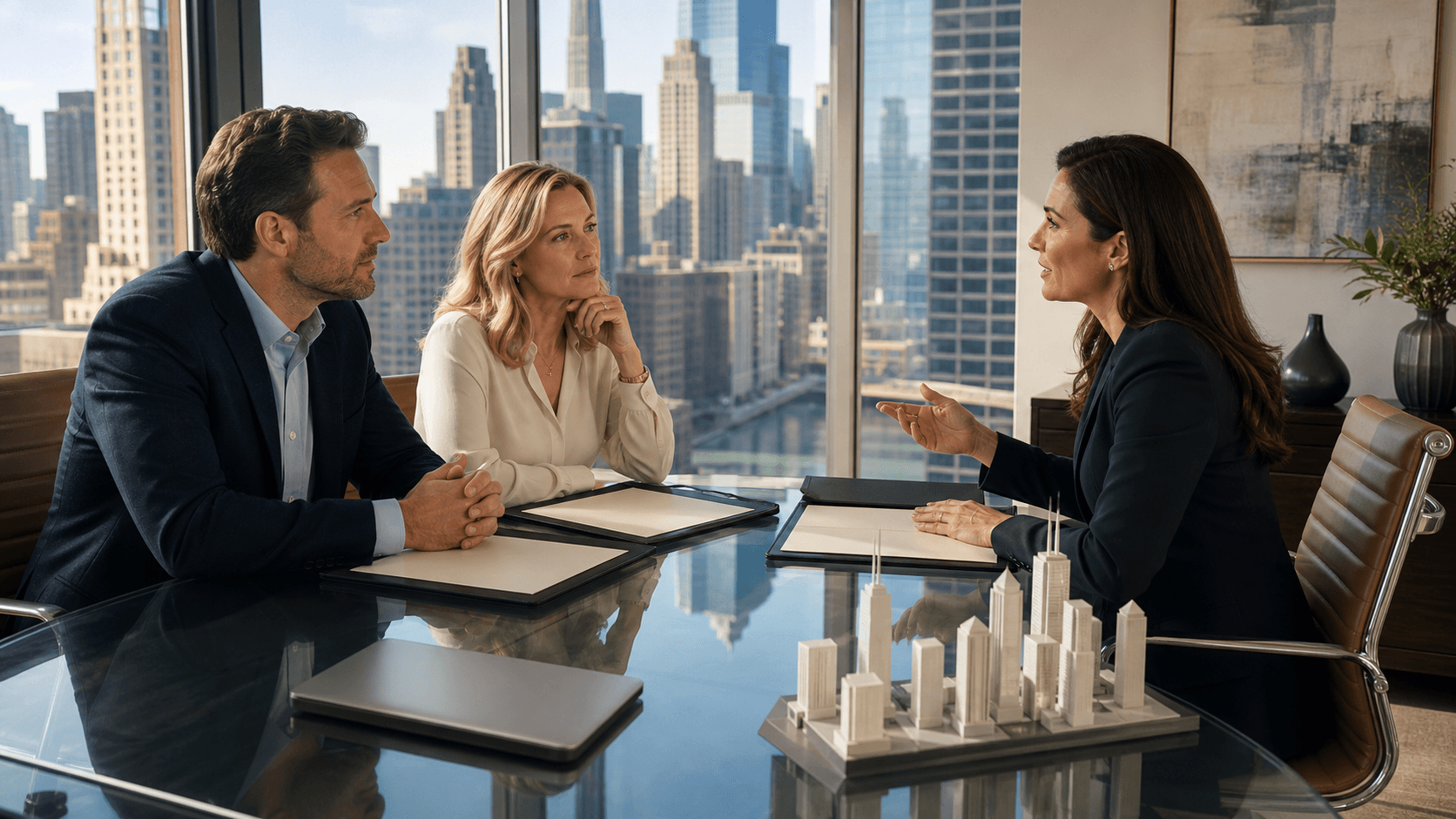 Divorced parents review college cost documents beside a calculator, graduation cap, and Chicago skyline.